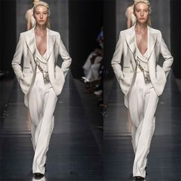 Diseñador Satén Mujer Pantalones Trajes Conjuntos Por Encargo 3 Unids Blanco Solapa Formal Office Lady Party Prom Celebrity Dress
