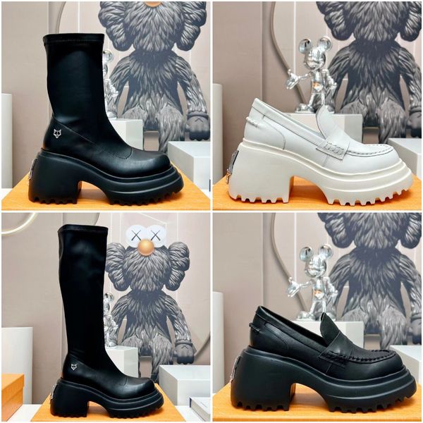 Designer Saturn Arrow Platform Boot BOOT Femmes Tête de loup Chaussures de mode en cuir de haute qualité Swish Mocassin extérieur Bottes à talons hauts Taille 35-40