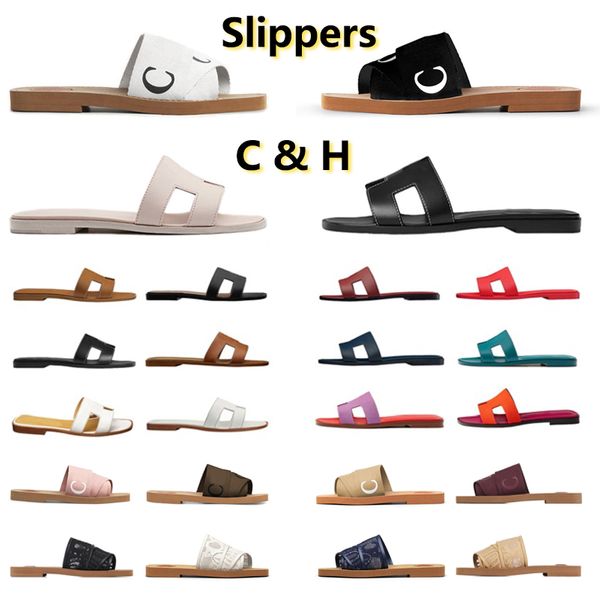 Zapatillas de diseñador Sandalias para mujer Sandalias negras Playa clásica Interior Plana Flip Diapositivas Zapatilla de cuero Chypre Summer Ladies Scuffs Tamaño 35-42