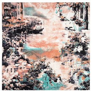 Designer Scarf Classic Oil Painting House Water Village Ship Brandtwill Silk Square Scarf Women Kerchief Scharpes For Ladies Châle 2024 NOUVEAU