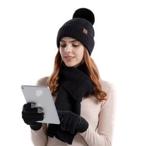 Designer Sjaal Vrouwen Winter Gebreide Muts Set Warme Vrouwelijke Skullies Mutsen Leuke Pompon Dikke Hoeden Skimuts met Sjaal en Handschoenen