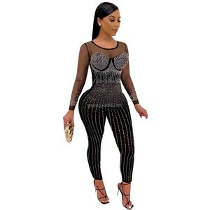 Designer Sexy Club Assuriques Femmes Plus taille 3xl à manches longues Diamants en strass à manches longues Rompers Fashion Mesh Sheer Suisses combinaisons de soirée Night Clubwear Vêtements en gros