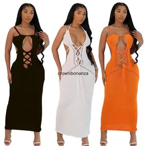 Designer Sexy Robes Maxi Robes d'été Femmes Spaghetti Stracts Hollow Out Backless Robe Evening Party Club Wear Vêtements en gros