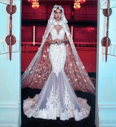 Designer Sexy Memaid trouwjurk met Warp V Neck Bruidsjurken Bloemen Appliques Lace Dubai Huwelijksfeestjurken6126315