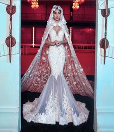 Designer Sexy Memaid trouwjurk met Warp V Neck Bruidsjurken Bloemen Appliques Lace Dubai Wedding Party Jurken3841366