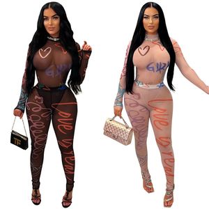 Diseñador Sexy Mesh Bodysuits and Leggings Dos piezas Mujeres Summer Summer Long manga transparente atuendos See a través de la ropa al por mayor 10965