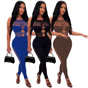 Designer sexy gaas beugel jumpsuits hollow out dames jump suits nachtclub mager bodysuit stevige mouwloze rompers 9315