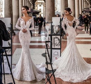 Robe De mariée sirène Sexy de styliste, manches longues, col en v, dos bas, avec des appliques en dentelle, nouvelle collection