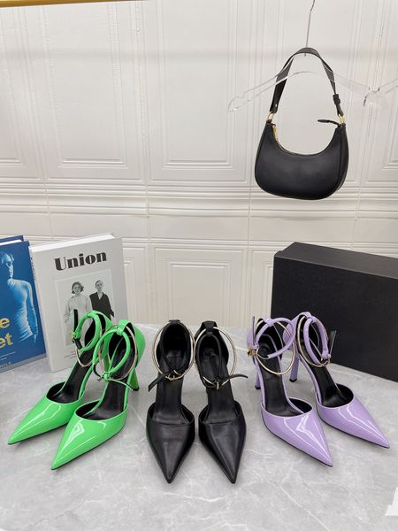 Designer sexy pointu sandales pour femmes à talons hauts anneau en métal en cuir verni multicolore chaussures simples paquet de mariage de banquet