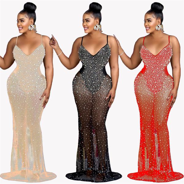 Diseñador Sexy Rhinestone Diamantes Vestidos Mujeres Lujo Correas espaguetis Maxi Vestido Malla Sheer Elegante Vestido de fiesta de noche Night Clubwear Ropa al por mayor 10329