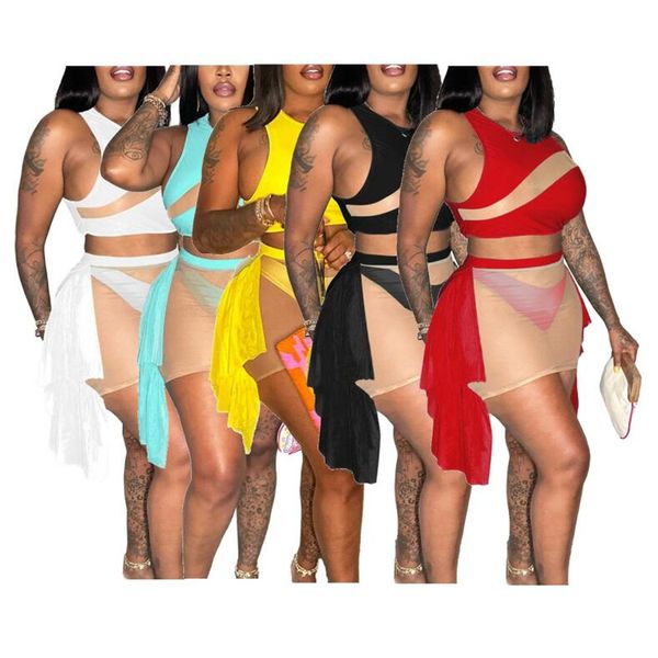 Diseñador Conjuntos de falda sexy Verano Mujer Tallas grandes 3XL Ver a través de malla superior Mini falda y ropa interior Conjuntos de 3 piezas Bikini transparente Traje de baño Ropa al por mayor a granel 10007