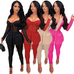 Designer Sexy Survêtements Femmes Mesh Deux Pièces Ensembles Printemps Eté Vêtements À Manches Longues Voir À Travers Chemise Haut Et Pantalon 2pcs Mathing Set Club Party Wear En Gros 8652