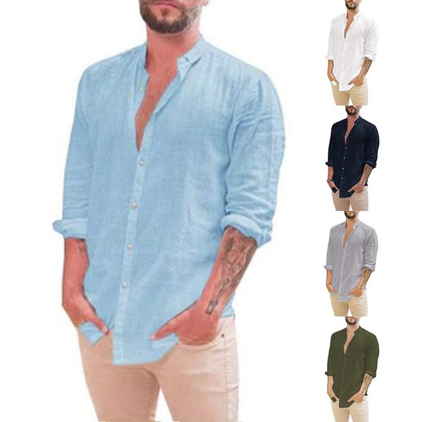 Designer chemise homme chemise hommes chemise hommes coton lin vente chaude hommes chemises à manches longues été couleur unie col montant décontracté plage style grande taille t-shirt chemisier