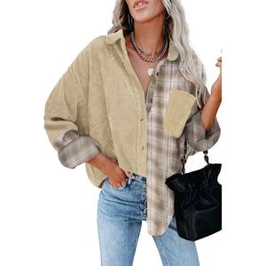 Designer shirt dames corduroy plaid patchwork button down shirts met pocket casual revershacket jas met lange mouwen