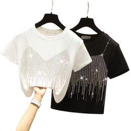 Designer shirt dames t -shirt zomer casual esthetische y2k tees Koreaanse stijl kleding diamant korte mouw vrouwelijke slanke passen twee glanzende ronde nek tops
