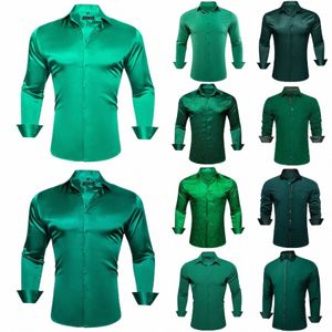 Camisas de diseñador para hombres Seda Satén Verde oscuro Teal Sólido LG Manga Butt Down Collar Blusas masculinas Slim Fit Tops Barry Wang h7ki #