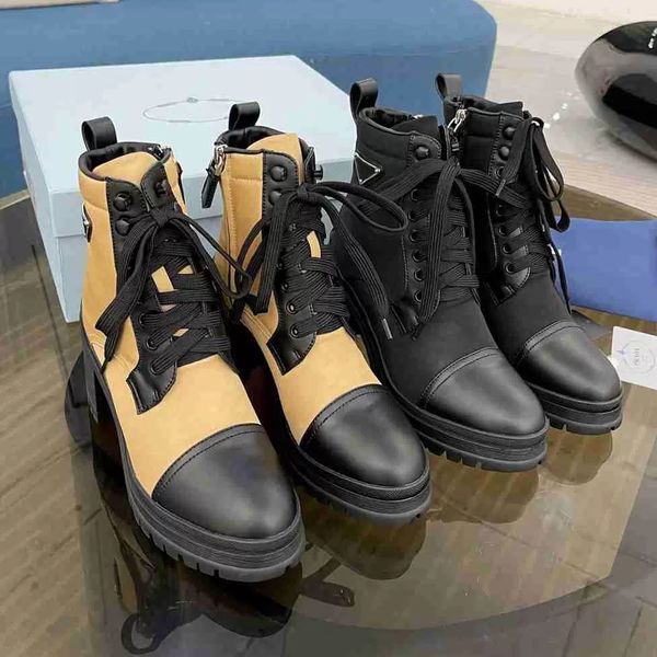 Chaussures de marque Bottes Plaque Boot Black Combat Lace Up Heels Bottines en cuir d'hiver Fashion Bootss Chunky Heel Booties Box 35-41