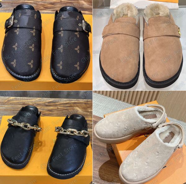 Chaussures de créateurs confortables confortables sabots mules sandales femmes hommes fourrure plate cuir mule pantoufles mode hiver chaud peluche diapositives sangle réglable 55