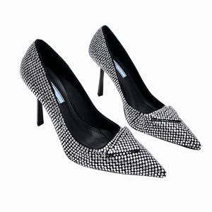 Designer schoenen Crystal Diamond Shiny Lady Classic Sandalen Dames Kleed Dames echte lederen pumps Wedding Party Office carrière 9,5 cm Hak echt originele kwaliteit