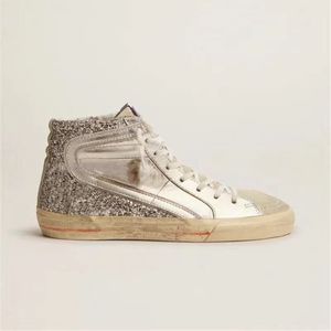 Chaussures de créateurs Baskets dorées Mid Slide Star Hightop des marques italiennes Pinkgold Glitter White Dirty Goose Shoes Alessandro Gallo Francesca Rinaldo avec boîte