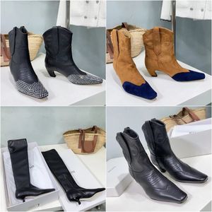 Designer Schoenen Khaite Dames Dalls Laarzen mode leer Kleine suède cowboylaarzen met vierkante kop