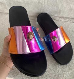 Designer Schoenen Kurt Geiger Flat Bottom Slippers Womens Splice Rainbow Sandalen Eagle Head Inlaid Diamond Slipper Summer Flat Beach Flip Flops stylisheendibags