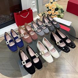 Chaussures de créateurs Mocassins Femmes Ballet Jupe Plate Chaussures Élégantes Tête Carrée Oxford Chaussures Cristal Décoratif Brillant Cuir Crème 100% Véritable 34-40