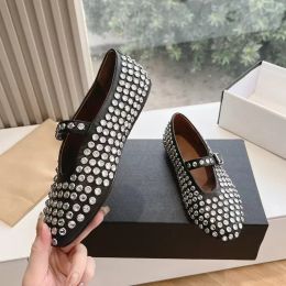 Sandalias para mujeres de diseñador Mary Jane Ballet Crystal Diamonds Flats Flats redondos Toe Rhinestone Buardería Correa de hebilla Zapatos casuales de cuero de marca de lujo