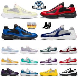 Sapatos de desenhista Homens Mulheres Americas Cup Sapatilhas Treinador de Couro Patente Plana Preto Azul Malha Nylon Sapatos Casuais Amarelo Preto Luz Azul Top Quality Outdoor Shoes