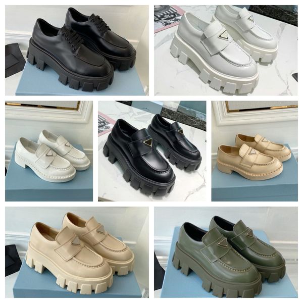 Chaussures de créateurs Hommes Femmes Soft Cowhide Plateforme Baskets P Triangle Mocassins Caoutchouc Noir Cuir Brillant Chunky Tête Ronde Sneaker Fond Épais Taille de Chaussure 35-41