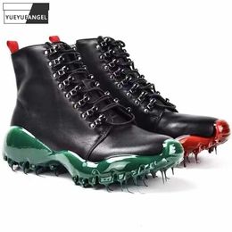 Zapatos de diseñador para hombre, botas informales, suela de goma a la moda, zapatillas altas, 100% cuero genuino con cordones, tobillo Punk 240124