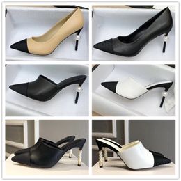 chaussures de marque mules talons pompes pour femmes designer slingback pompe Pearl Heels véritable cuir bout pointu noir blanc beige fête de mariage robe formelle chaussure