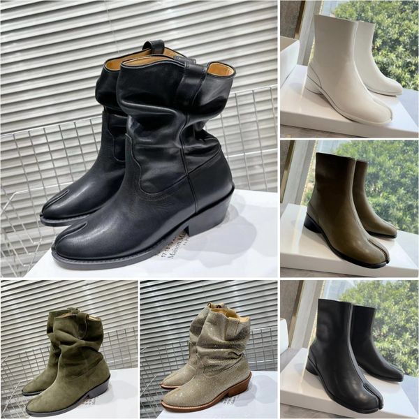 Zapatos de diseñador Botas Tabi Maison MM6 Hombres Mujeres Botas Chelsea con punta dividida Lujo Margiela Piel de becerro Gamuza Moda Botas de tacón occidental con diamantes de imitación hasta la rodilla Tamaño 35-40