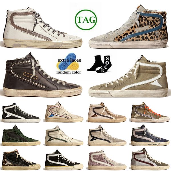 Chaussures de créateurs Upper Silver Gold Vintage Fabriqué à la main Mid Ball Star Italie Marque Slide Glitter Formateurs Calfskin Flash Femmes Hommes Plate-forme Baskets Plates Sports