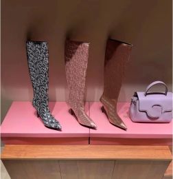 Zapatos de diseñador para mujer, botas hasta la rodilla, lona Jacquard de lujo, tacón de aguja, botas de moda de cuero de piel de oveja de 11cm, talla 35-42