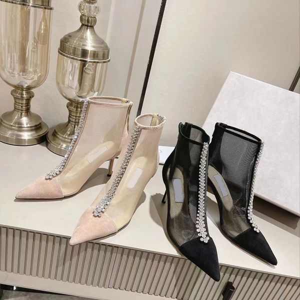 Zapatos de diseñador Mujer Bing Boot 100 Botas de tacón alto de encaje de lujo con diamantes de moda Cristal de gamuza Perla elástica Psique malla Botines Tamaño 35-41