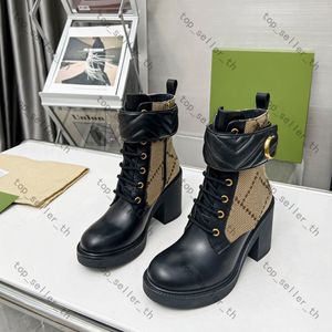 Zapatos de diseñador Botas de mujer Botas de tobillo Botines de tacón grueso G En relieve Cuero de lujo con cordones Impresión Zapato de fondo grueso con caja