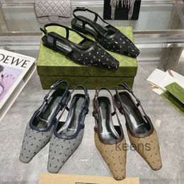 Chaussures de créateur pour femmes, chaussures plates de ballet à bretelles, bout carré en diamant, talons bas, maille fine, tissu de gaze, chaussures habillées luxueuses, bords en dentelle