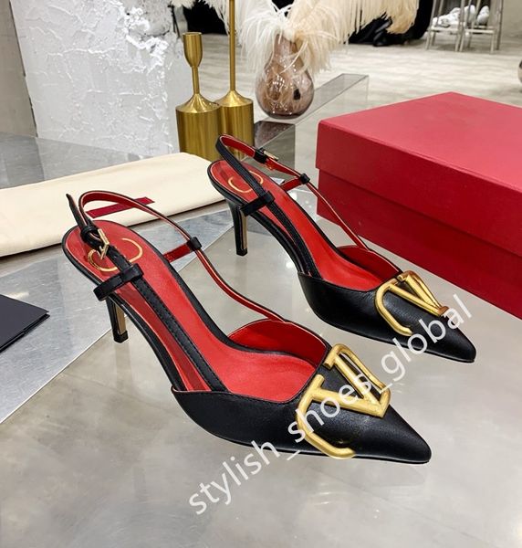 Chaussures de créateur femmes sandales talons hauts en cuir véritable pour l'été diapositives sandale chaussures de fête marque femmes talons hauts chaussures pointues classiques métal nu noir rouge mat