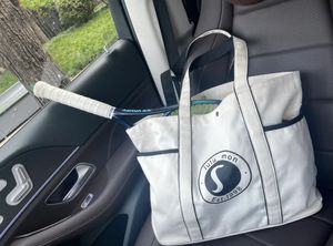 Bolso de compras de diseñador con logotipo de letra azul, blanco y negro, bolso de lona informal, bolso de hombro deportivo de gran capacidad, bolsa de almacenamiento portátil y reutilizable