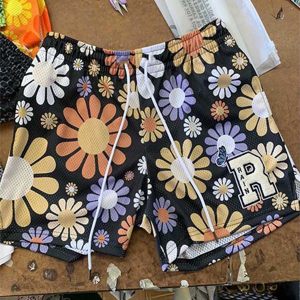 Diseñador de moda corta Ropa casual Estilo de flor de lluvia estadounidense Pantalones cortos casuales de verano Malla para hombres y mujeres Pantalones de entrenamiento de baloncesto de secado rápido 3/4