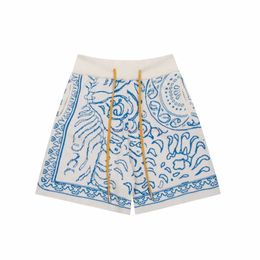 Designer Short Fashion Vêtements décontractés Shorts de plage Version approuvée de la signature Rhudes Danube Blue Pattern Knitted Print Loose Versatile Couple Shorts Jogge