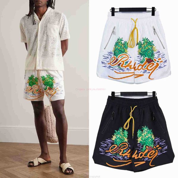 Diseñador Moda corta Ropa casual Pantalones cortos de playa Rhude Verano Nueva marca estadounidense Árbol de coco Patrón de salpicaduras de agua Impresión de letras Suelta Relajado Sp