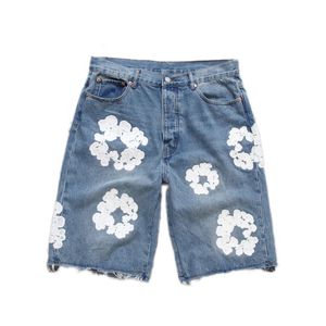 Designer shorts jeans met bloemenprint shortpants slanke heren lichtblauwe denim shorts krans lichte wasjeans
