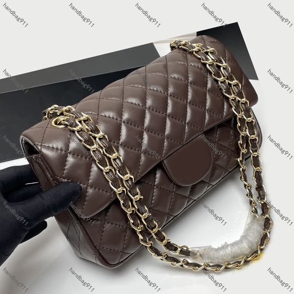 Bolso de hombro de diseñador para mujer, pequeño bolso de cadena con doble solapa, 25 cm, diseñadores de lujo, caviar de cuero real, piel de cordero, clásico, todo negro, bolso acolchado, cartera