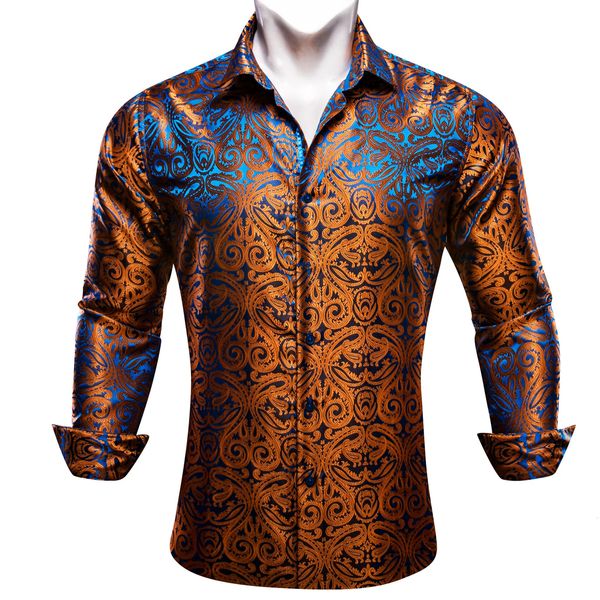 Diseñador de camisetas de seda para hombres azules azules verde rojo blanco paisley bordado bordado fit blusas masculinas manga larga casual 240407