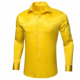 Designer Soie Chemises pour hommes Satin LG Manches Jaune Or Solide Slim Slim Mâle Blouse Casual Tops Formels Streetwear Barry Wang m86f #