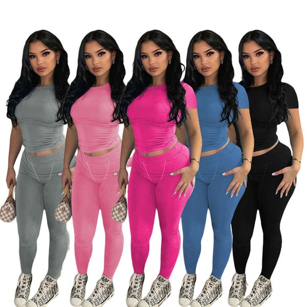 Designer Silm Womens Two Pieces Jogger Set New Sexy Sexy Color Color Thread Set For Women Short à manches Suisses Coll de mode