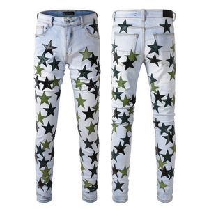 Designer Skinny Jeans for Man Motorcycle Black Green Star Slim Fit Denim Hip Hop Mens Pants Biker Patches Distress Stretch Tall Male lang