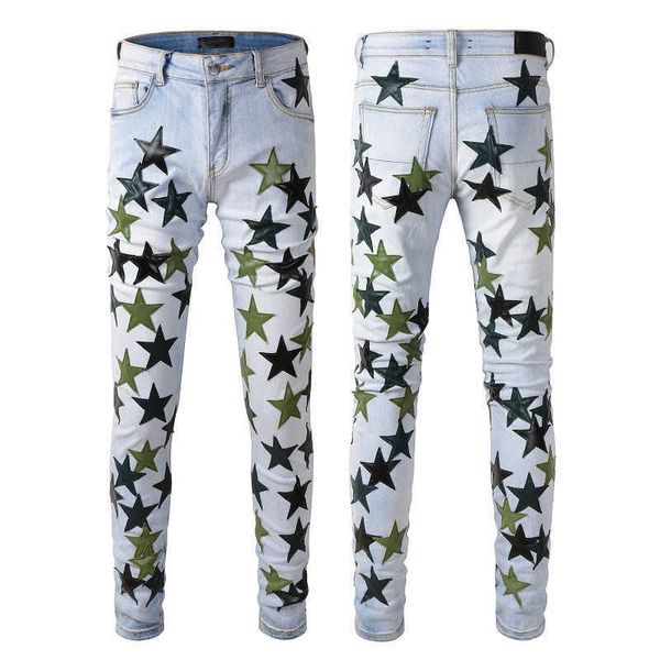 Jeans ajustados de diseñador para hombre Motocicleta Negro Estrella verde Slim Fit Denim Hip Hop Pantalones para hombre Biker Patches Distress Stretch Tall Male Long